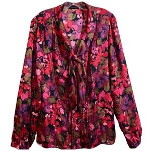 Floral Long Sleeve Blouse Size L Pink Red Black Neck Tie Pussybow Retro Office